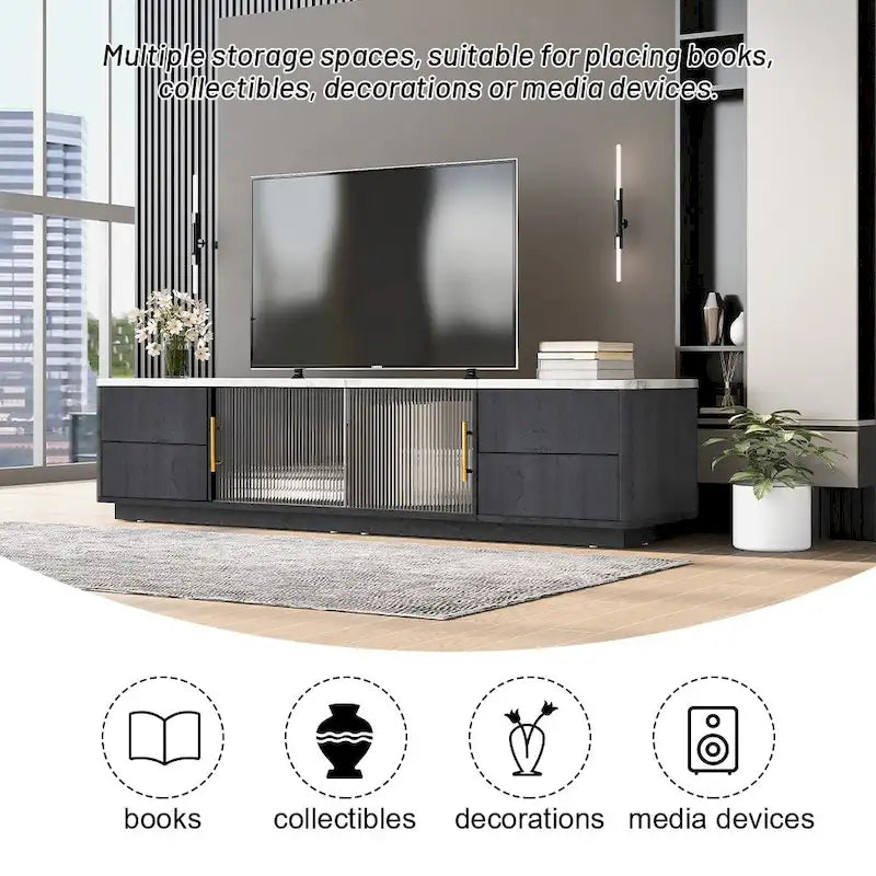 Meuble TV de 160 cm avec 4 tiroirs et grand meuble de rangement pour TV jusqu'à 70 pouces