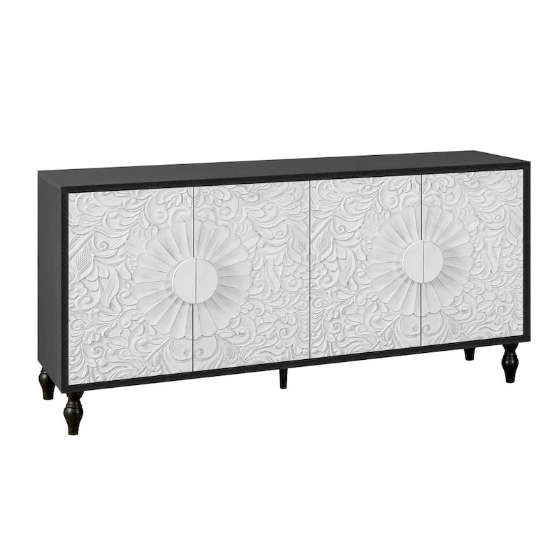 Meuble TV d'appoint 62,99 avec porte à motif sculpté, étagère de rangement et pieds en bois massif pour salon