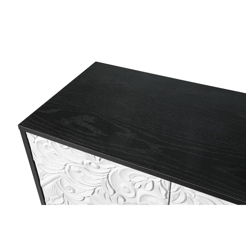 Meuble TV d'appoint 62,99 avec porte à motif sculpté, étagère de rangement et pieds en bois massif pour salon