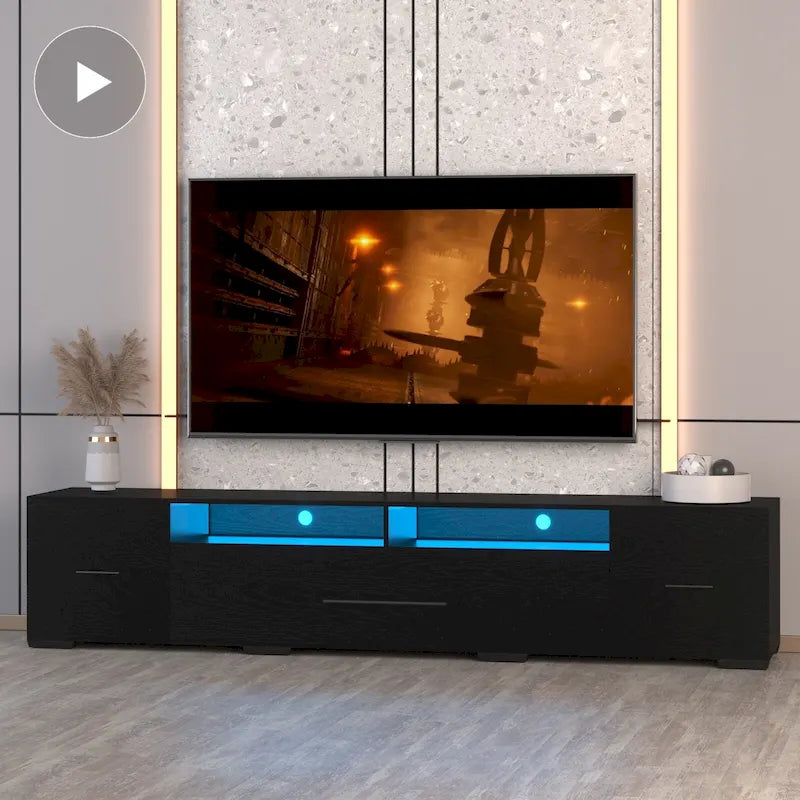 Meuble TV noir de 83 po avec lumières RVB et rangement pour téléviseurs jusqu'à 80 po