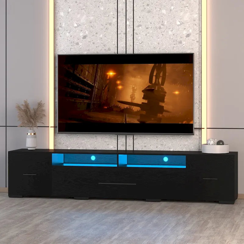 Meuble TV noir de 83 po avec lumières RVB et rangement pour téléviseurs jusqu'à 80 po