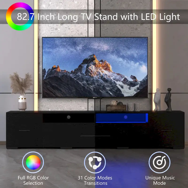 Meuble TV noir de 83 po avec lumières RVB et rangement pour téléviseurs jusqu'à 80 po