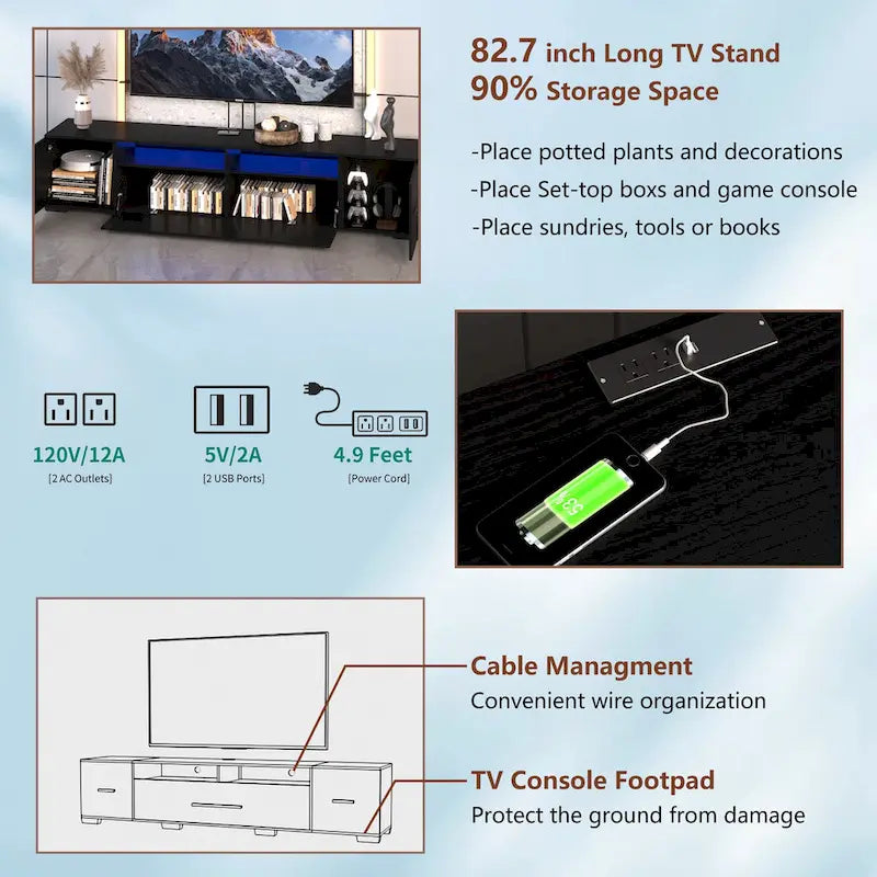 Meuble TV noir de 83 po avec lumières RVB et rangement pour téléviseurs jusqu'à 80 po