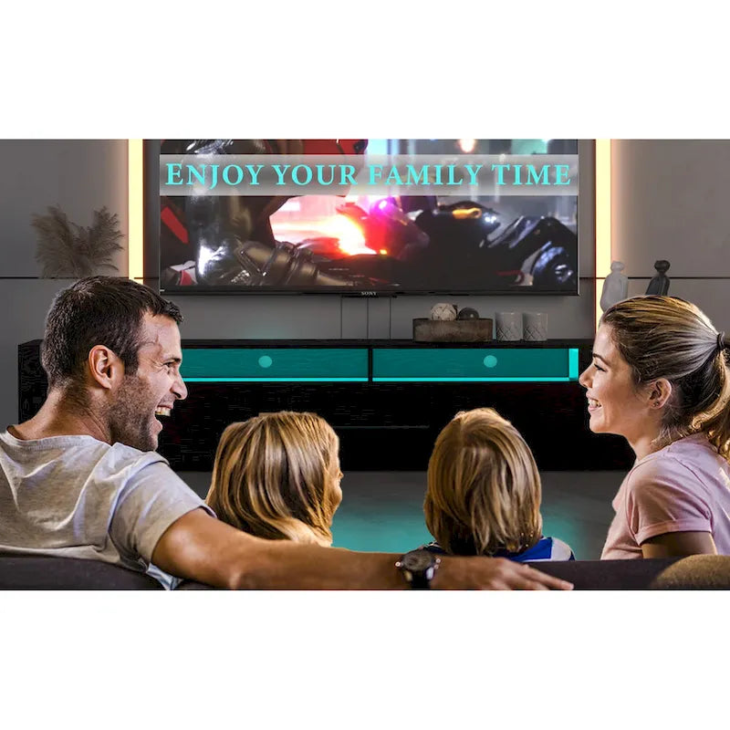 Meuble TV noir de 83 po avec lumières RVB et rangement pour téléviseurs jusqu'à 80 po