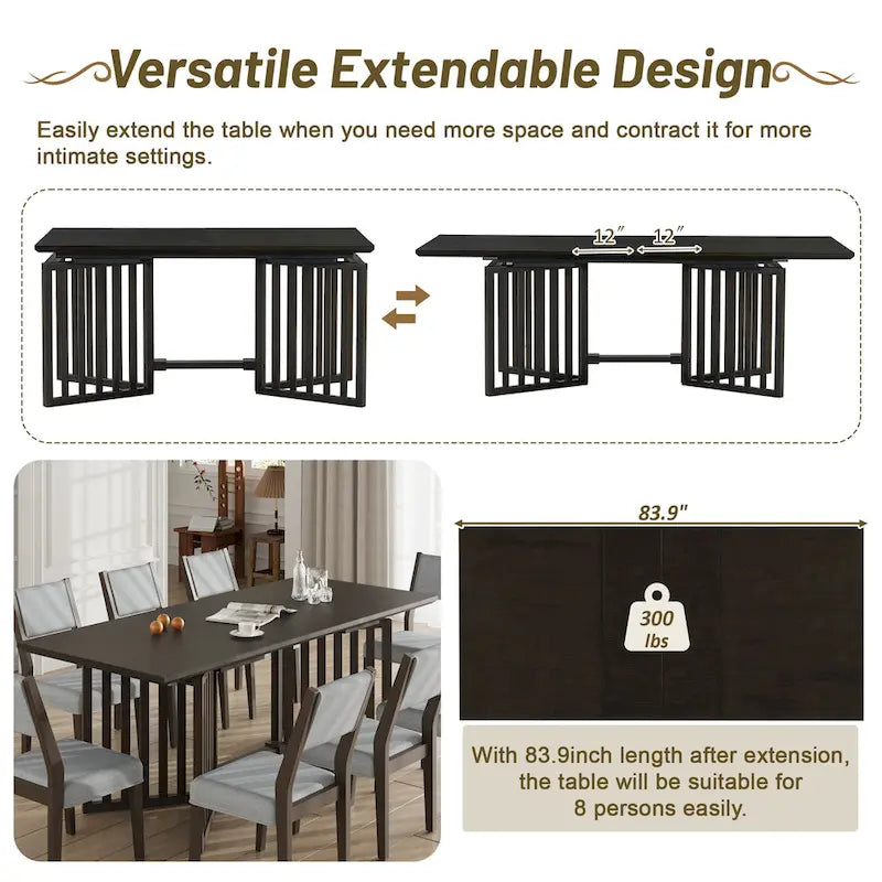 Ensemble de salle à manger de style ferme 9 pièces avec table extensible et 8 chaises