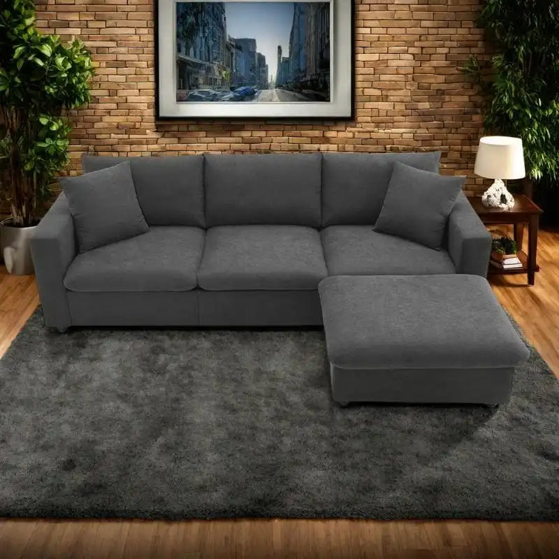 Canapé d'angle en polyester en forme de L de 255 cm avec canapé convertible 4 places, pouf et coussins à ressorts ensachés (capacité de 136 kg)