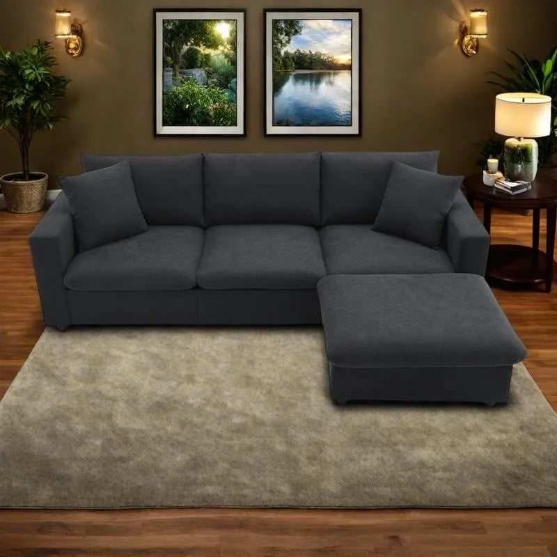 Canapé d'angle en polyester en forme de L de 255 cm avec canapé convertible 4 places, pouf et coussins à ressorts ensachés (capacité de 136 kg)