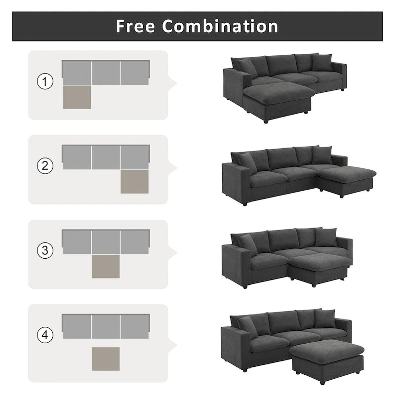 Canapé d'angle en polyester en forme de L de 255 cm avec canapé convertible 4 places, pouf et coussins à ressorts ensachés (capacité de 136 kg)