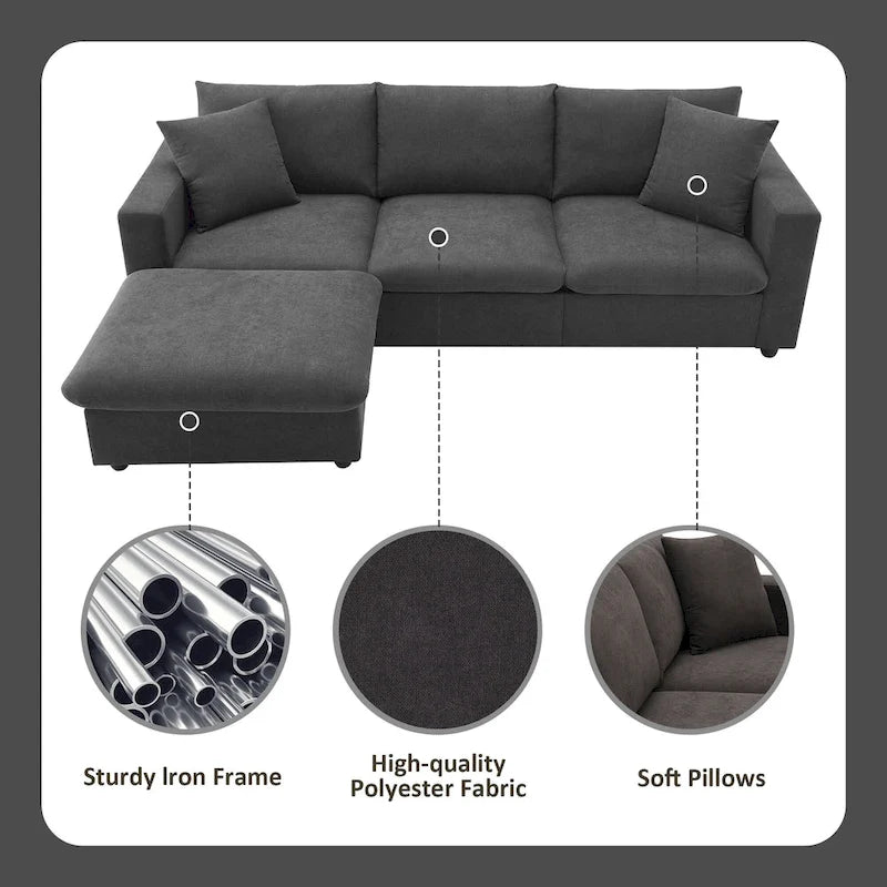 Canapé d'angle en polyester en forme de L de 255 cm avec canapé convertible 4 places, pouf et coussins à ressorts ensachés (capacité de 136 kg)