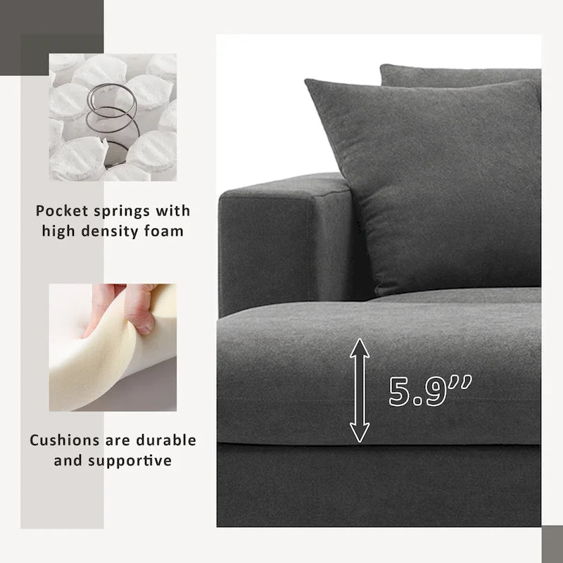 Canapé d'angle en polyester en forme de L de 255 cm avec canapé convertible 4 places, pouf et coussins à ressorts ensachés (capacité de 136 kg)