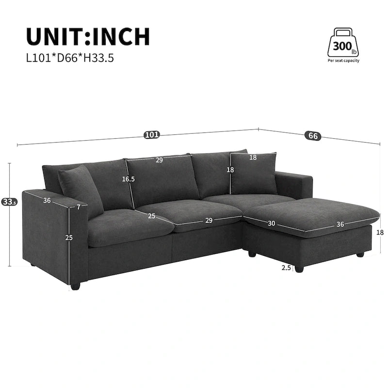 Canapé d'angle en polyester en forme de L de 255 cm avec canapé convertible 4 places, pouf et coussins à ressorts ensachés (capacité de 136 kg)
