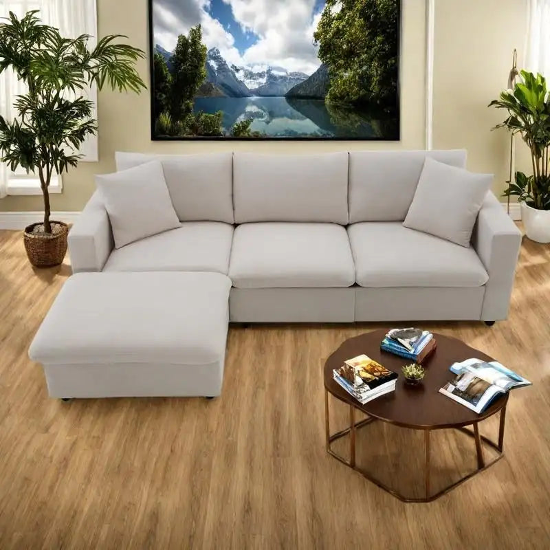 Canapé d'angle en polyester en forme de L de 255 cm avec canapé convertible 4 places, pouf et coussins à ressorts ensachés (capacité de 136 kg)