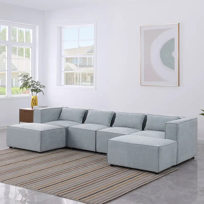 Canapé sectionnel modulaire en forme de U en chenille, 6 pièces, avec 2 poufs amovibles et design à combinaison libre