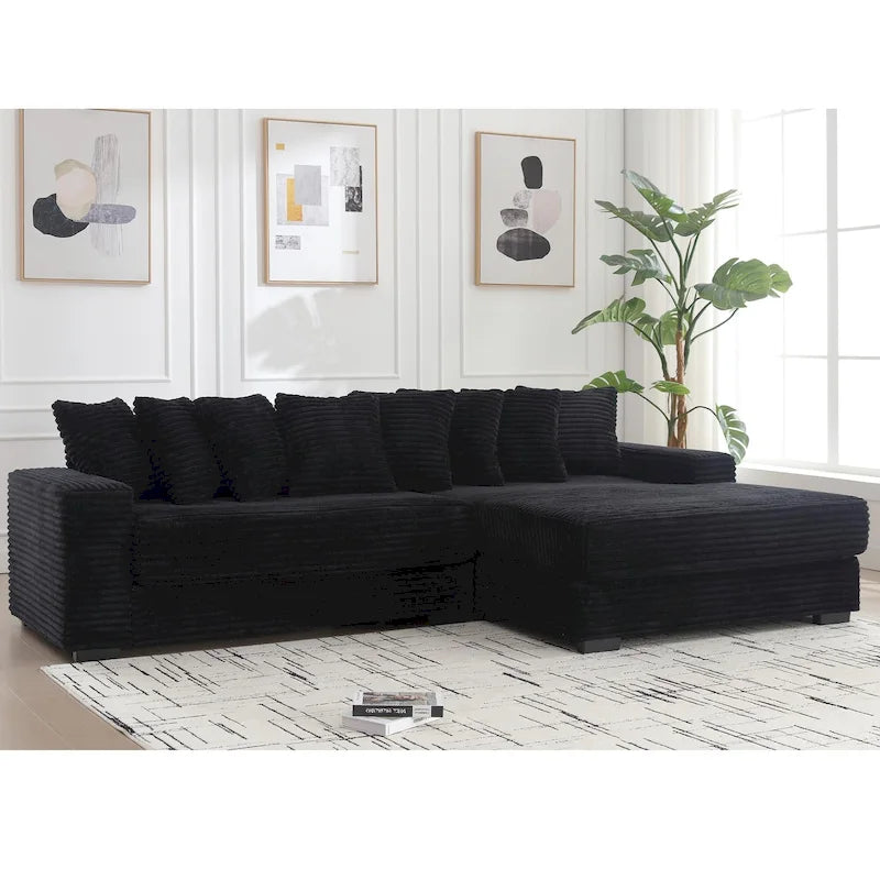 Canapé d'angle en velours côtelé noir 111 avec grande méridienne à droite et 8 coussins décoratifs