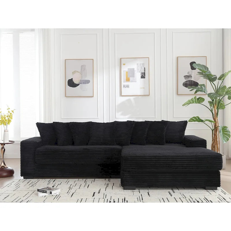 Canapé d'angle en velours côtelé noir 111 avec grande méridienne à droite et 8 coussins décoratifs