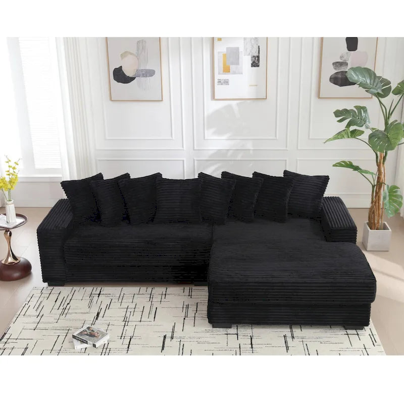Canapé d'angle en velours côtelé noir 111 avec grande méridienne à droite et 8 coussins décoratifs