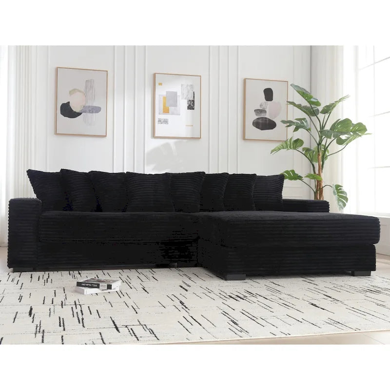 Canapé d'angle en velours côtelé noir 111 avec grande méridienne à droite et 8 coussins décoratifs