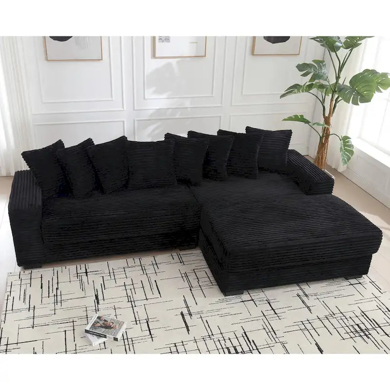 Canapé d'angle en velours côtelé noir 111 avec grande méridienne à droite et 8 coussins décoratifs