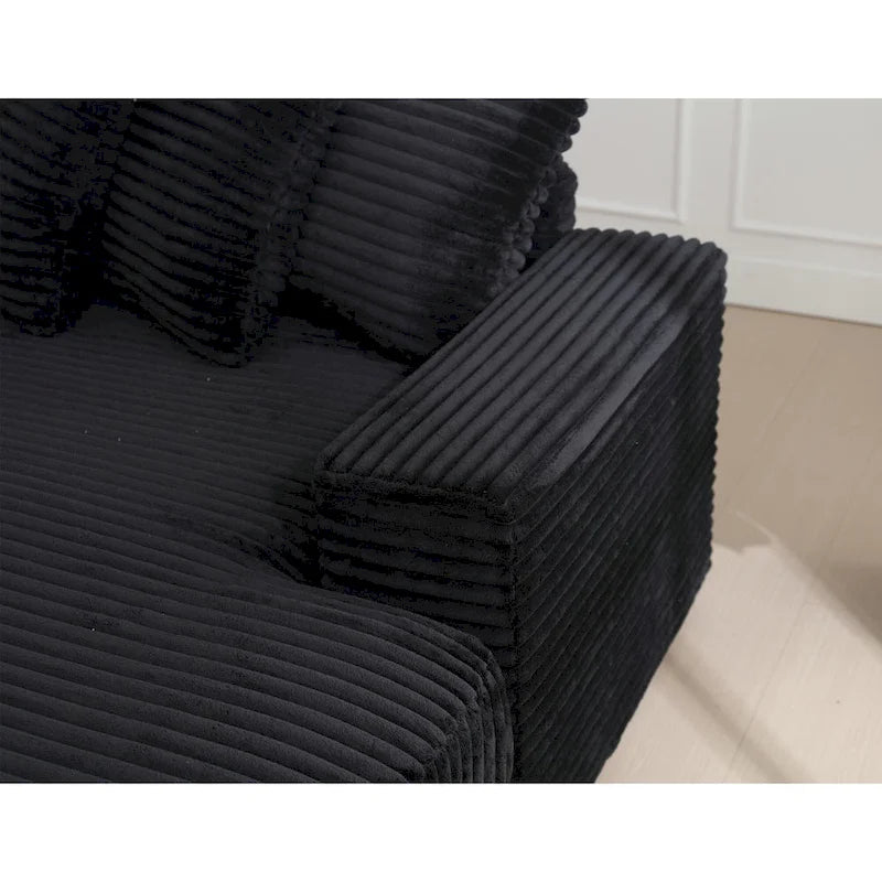 Canapé d'angle en velours côtelé noir 111 avec grande méridienne à droite et 8 coussins décoratifs
