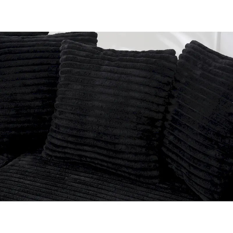 Canapé d'angle en velours côtelé noir 111 avec grande méridienne à droite et 8 coussins décoratifs