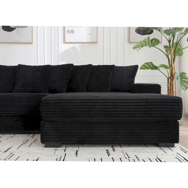 Canapé d'angle en velours côtelé noir 111 avec grande méridienne à droite et 8 coussins décoratifs