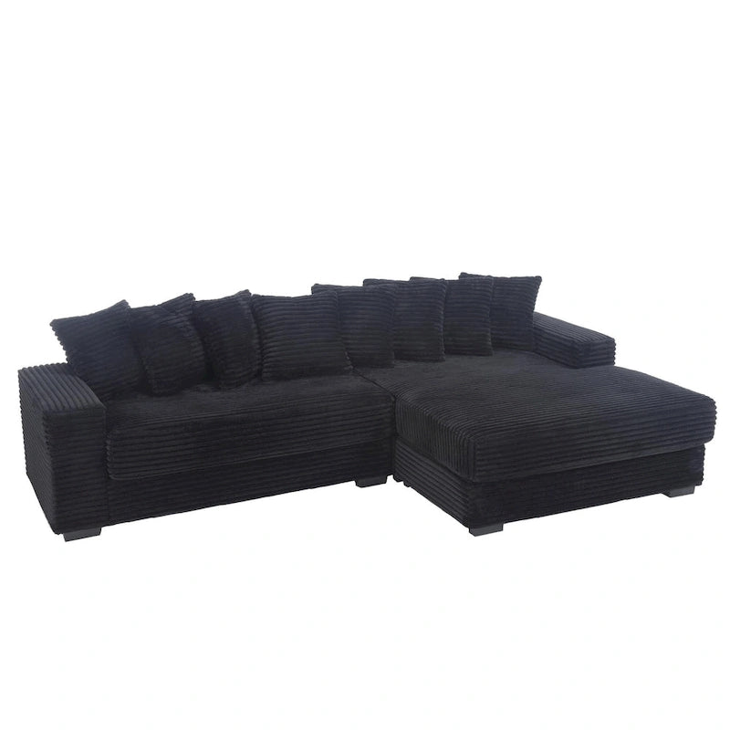 Canapé d'angle en velours côtelé noir 111 avec grande méridienne à droite et 8 coussins décoratifs