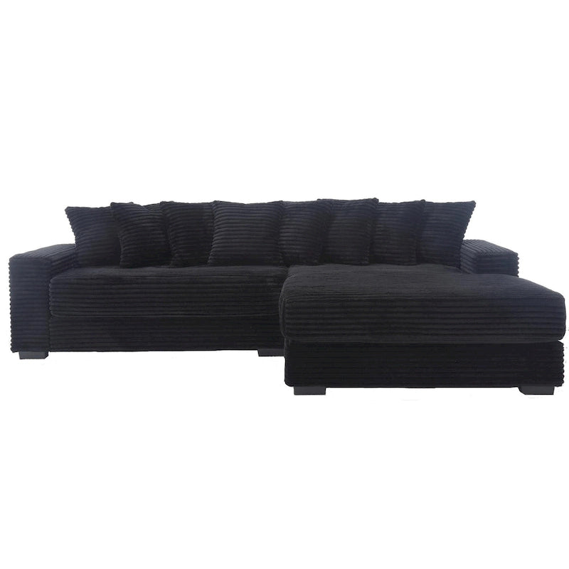 Canapé d'angle en velours côtelé noir 111 avec grande méridienne à droite et 8 coussins décoratifs
