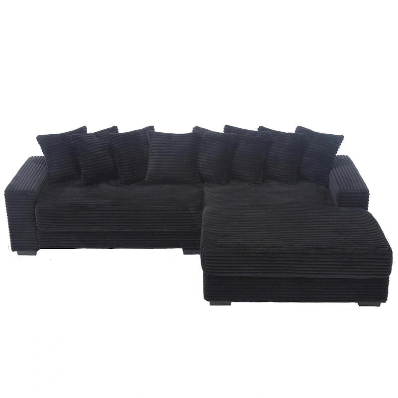 Canapé d'angle en velours côtelé noir 111 avec grande méridienne à droite et 8 coussins décoratifs