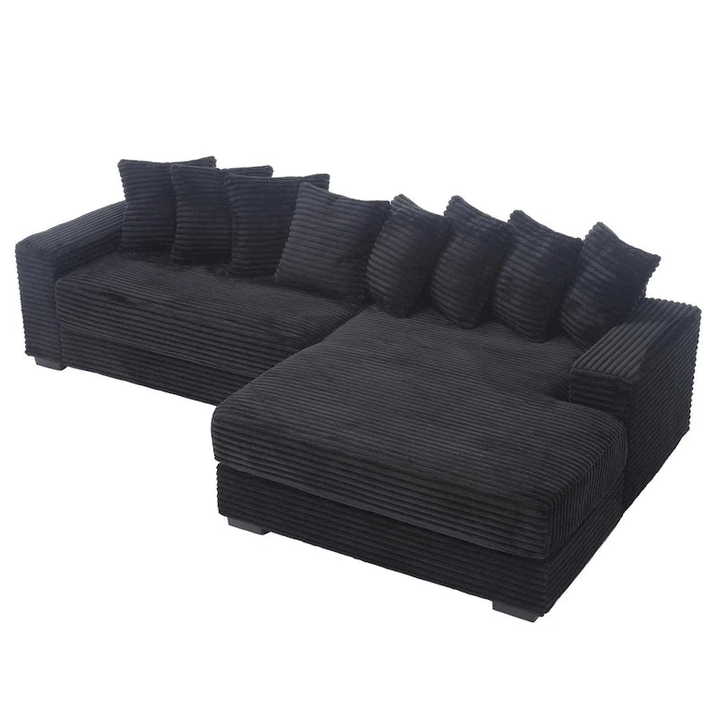 Canapé d'angle en velours côtelé noir 111 avec grande méridienne à droite et 8 coussins décoratifs