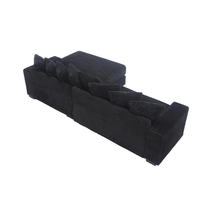 Canapé d'angle en velours côtelé noir 111 avec grande méridienne à droite et 8 coussins décoratifs