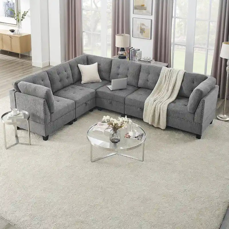 Canapé d'angle 6 places gris 116 avec chaises et rangement