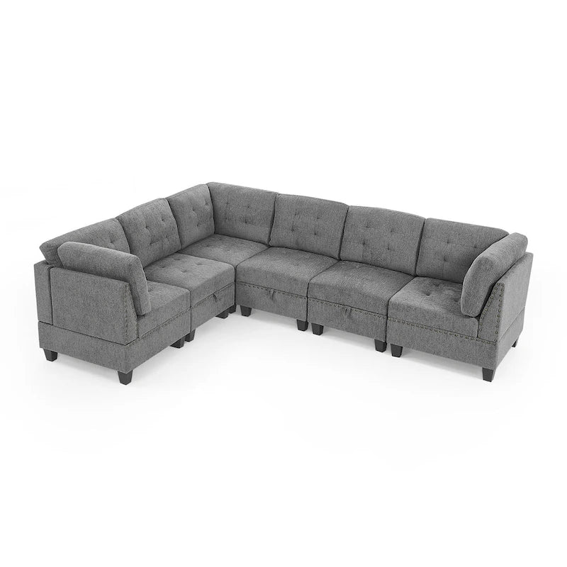 Canapé d'angle 6 places gris 116 avec chaises et rangement