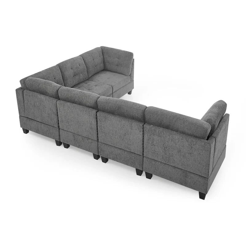 Canapé d'angle 6 places gris 116 avec chaises et rangement