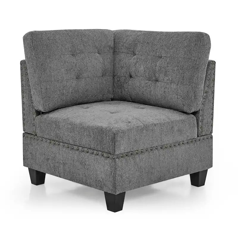 Canapé d'angle 6 places gris 116 avec chaises et rangement