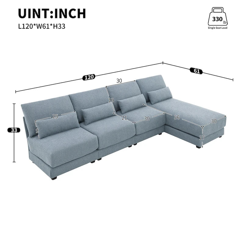 Canapé d'angle 4 places en L bleu 120 cm