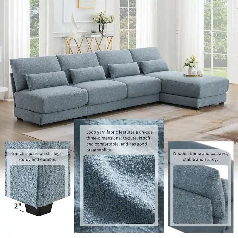 Canapé d'angle 4 places en L bleu 120 cm