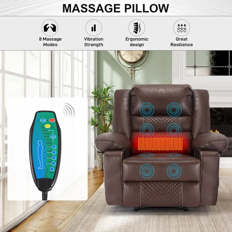 Fauteuil inclinable manuel en cuir marron avec massage vibratoire à 8 points, chauffage lombaire et plusieurs options d'inclinaison