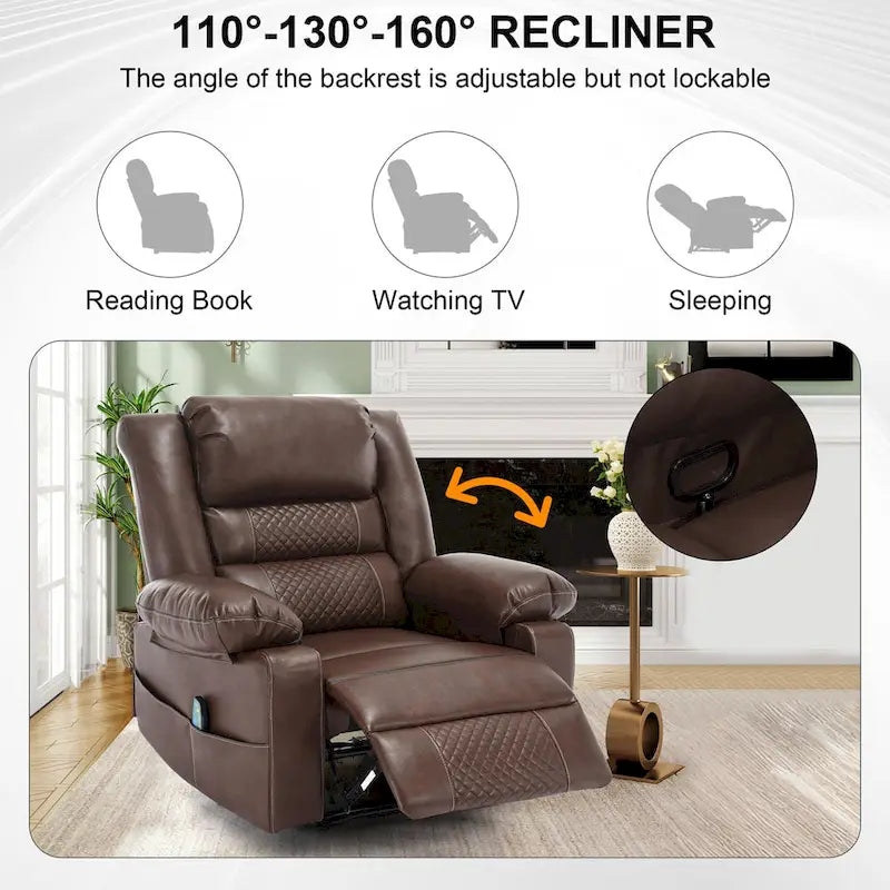 Fauteuil inclinable manuel en cuir marron avec massage vibratoire à 8 points, chauffage lombaire et plusieurs options d'inclinaison
