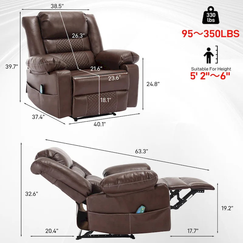 Fauteuil inclinable manuel en cuir marron avec massage vibratoire à 8 points, chauffage lombaire et plusieurs options d'inclinaison