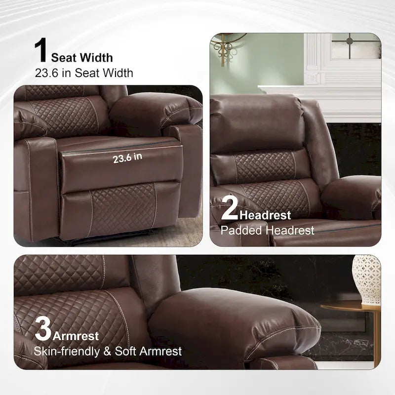 Fauteuil inclinable manuel en cuir marron avec massage vibratoire à 8 points, chauffage lombaire et plusieurs options d'inclinaison