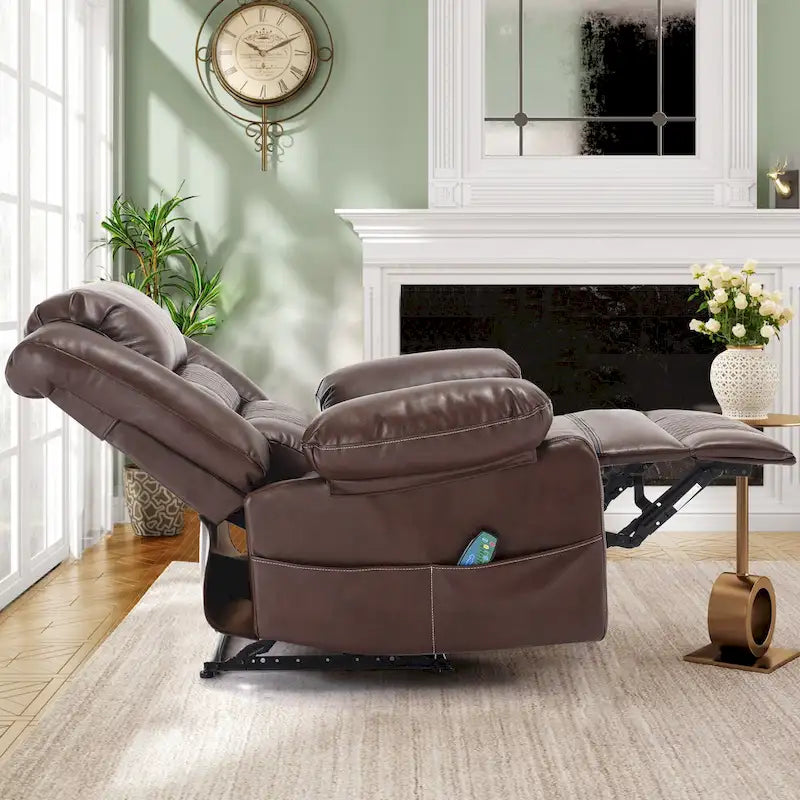 Fauteuil inclinable manuel en cuir marron avec massage vibratoire à 8 points, chauffage lombaire et plusieurs options d'inclinaison