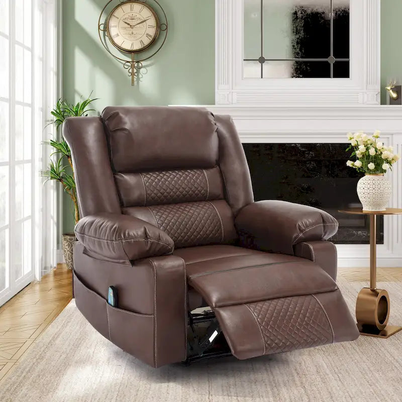Fauteuil inclinable manuel en cuir marron avec massage vibratoire à 8 points, chauffage lombaire et plusieurs options d'inclinaison