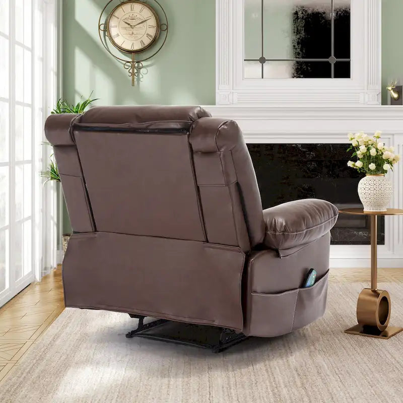 Fauteuil inclinable manuel en cuir marron avec massage vibratoire à 8 points, chauffage lombaire et plusieurs options d'inclinaison