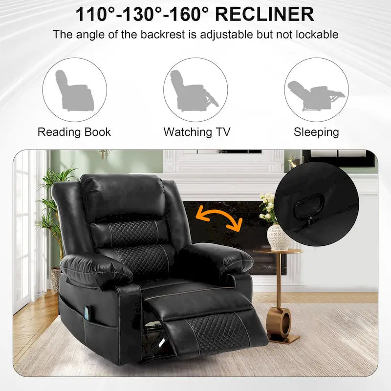Fauteuil inclinable manuel en cuir marron avec massage vibratoire à 8 points, chauffage lombaire et plusieurs options d'inclinaison