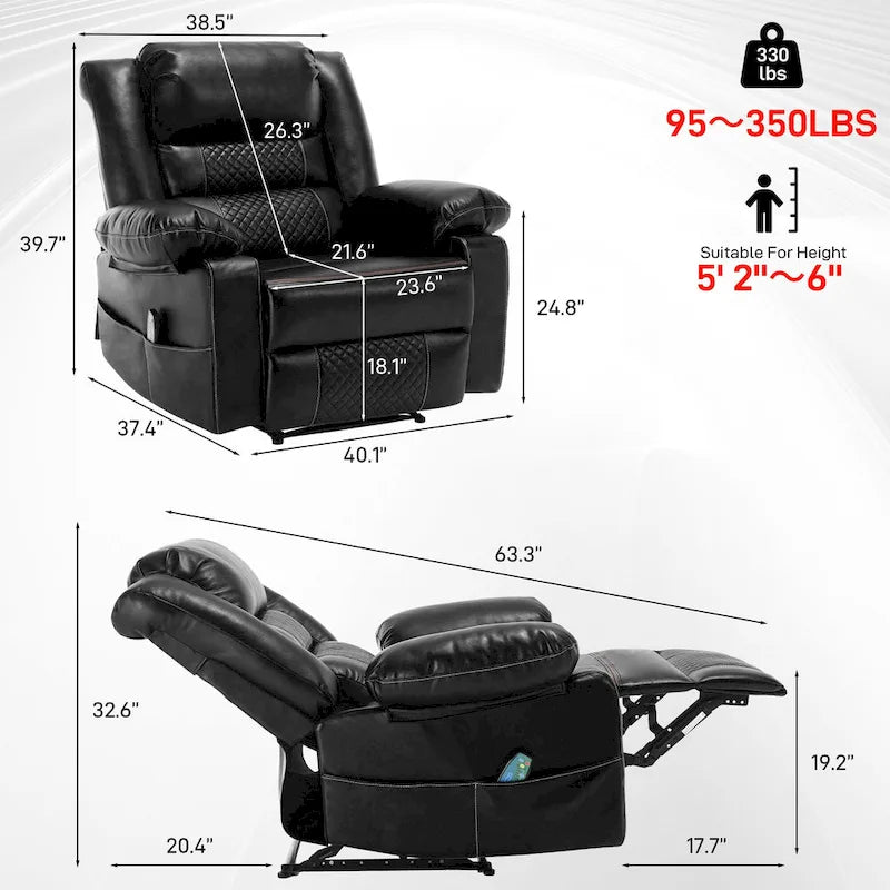 Fauteuil inclinable manuel en cuir marron avec massage vibratoire à 8 points, chauffage lombaire et plusieurs options d'inclinaison