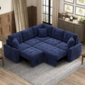 Canapé sectionnel d'angle convertible 5 places bleu de 82,6 po sur roulettes, avec lit gigogne, ports USB et prises de courant