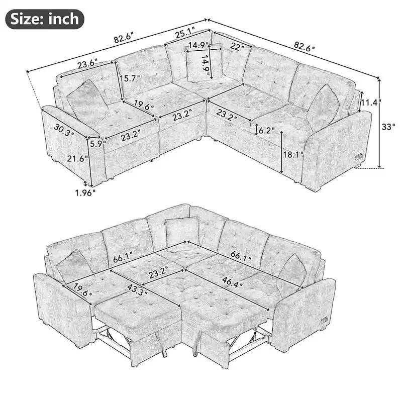 Canapé sectionnel d'angle convertible 5 places bleu de 82,6 po sur roulettes, avec lit gigogne, ports USB et prises de courant