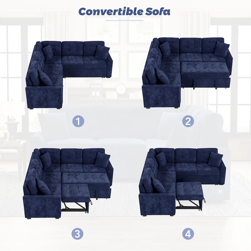 Canapé sectionnel d'angle convertible 5 places bleu de 82,6 po sur roulettes, avec lit gigogne, ports USB et prises de courant