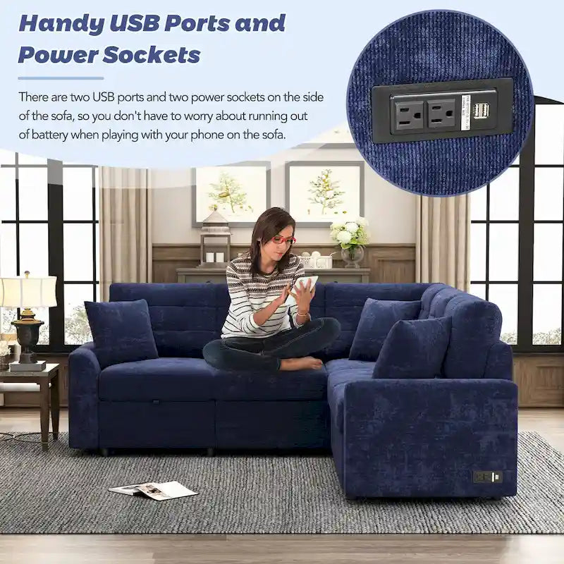Canapé sectionnel d'angle convertible 5 places bleu de 82,6 po sur roulettes, avec lit gigogne, ports USB et prises de courant