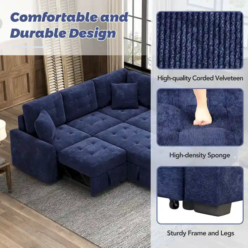 Canapé sectionnel d'angle convertible 5 places bleu de 82,6 po sur roulettes, avec lit gigogne, ports USB et prises de courant